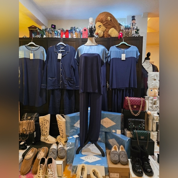 Frette Cascade Lounge Collection 2026 NWT 2 Pieces Top/ Pants Blue Silk/ Cotton - Picture 4 of 17